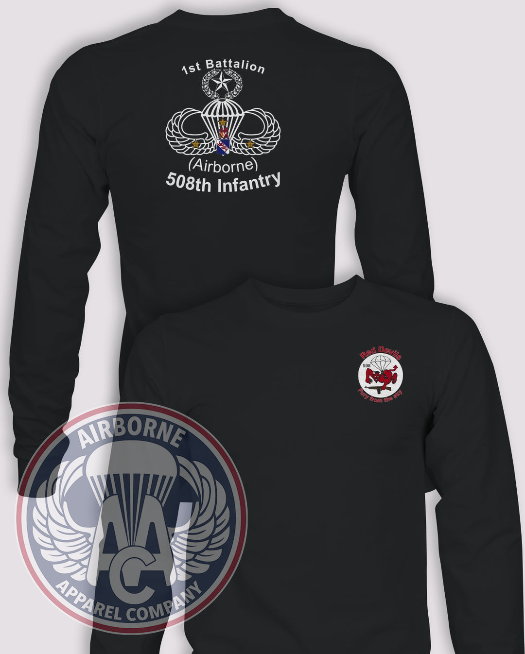 1-508 Airborne GWOT-Era PT Reproduction Long-Sleeve T-Shirt, Black, front and back views