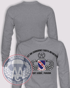 1-508 Infantry (Airborne) Ft. Kobbe Long Sleeve T-shirt – Heather Grey – 1508INF-004HG; front print, blank back and sleeves