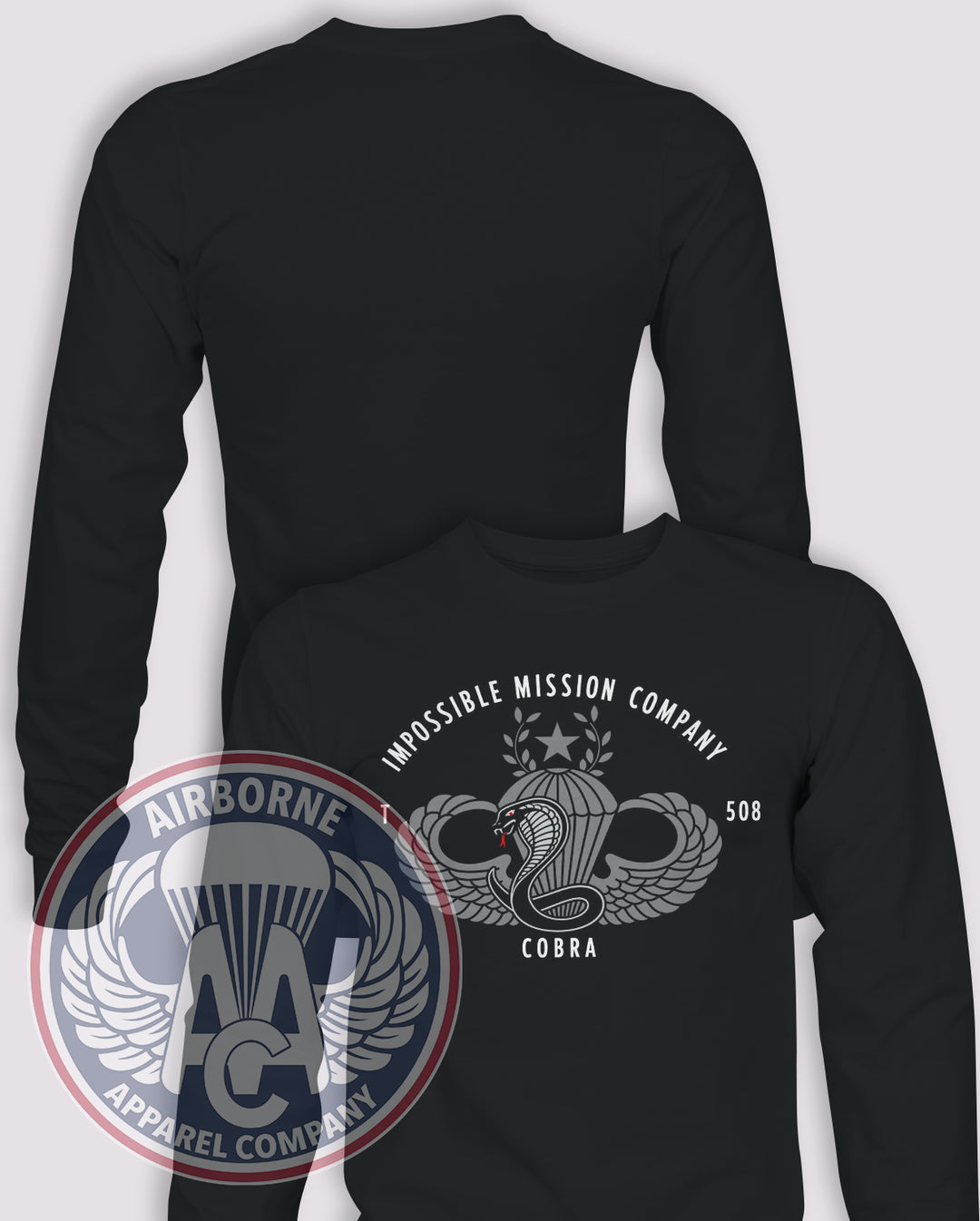 1-508 C Co Impossible Mission Company reproduction Long Sleeve T-shirt — Black — front print, blank back and sleeves