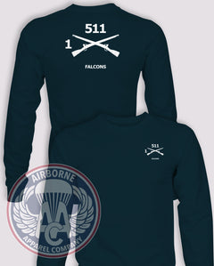 1-511th Infantry Regiment Guidon Long-Sleeve T-Shirt, Navy Blue, 1/511, front and back views