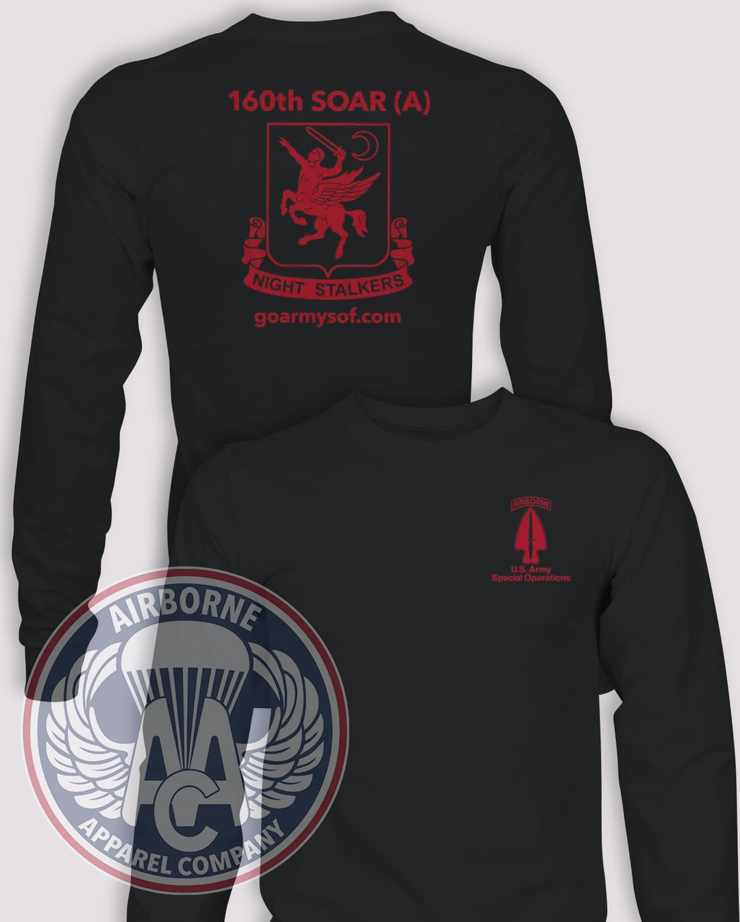 160th SOAR SOF Recruiting and Retention Long-Sleeve T-Shirt, Black, front and back views