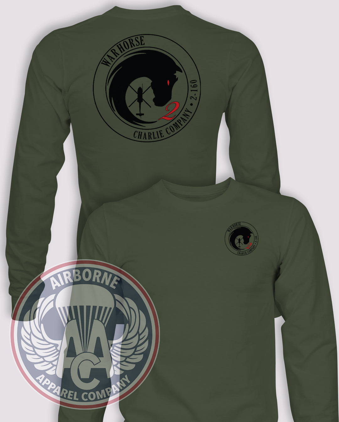 C Co 2/160th SOAR (A) Warhorse Long-Sleeve T-Shirt, OD Green, front and back views
