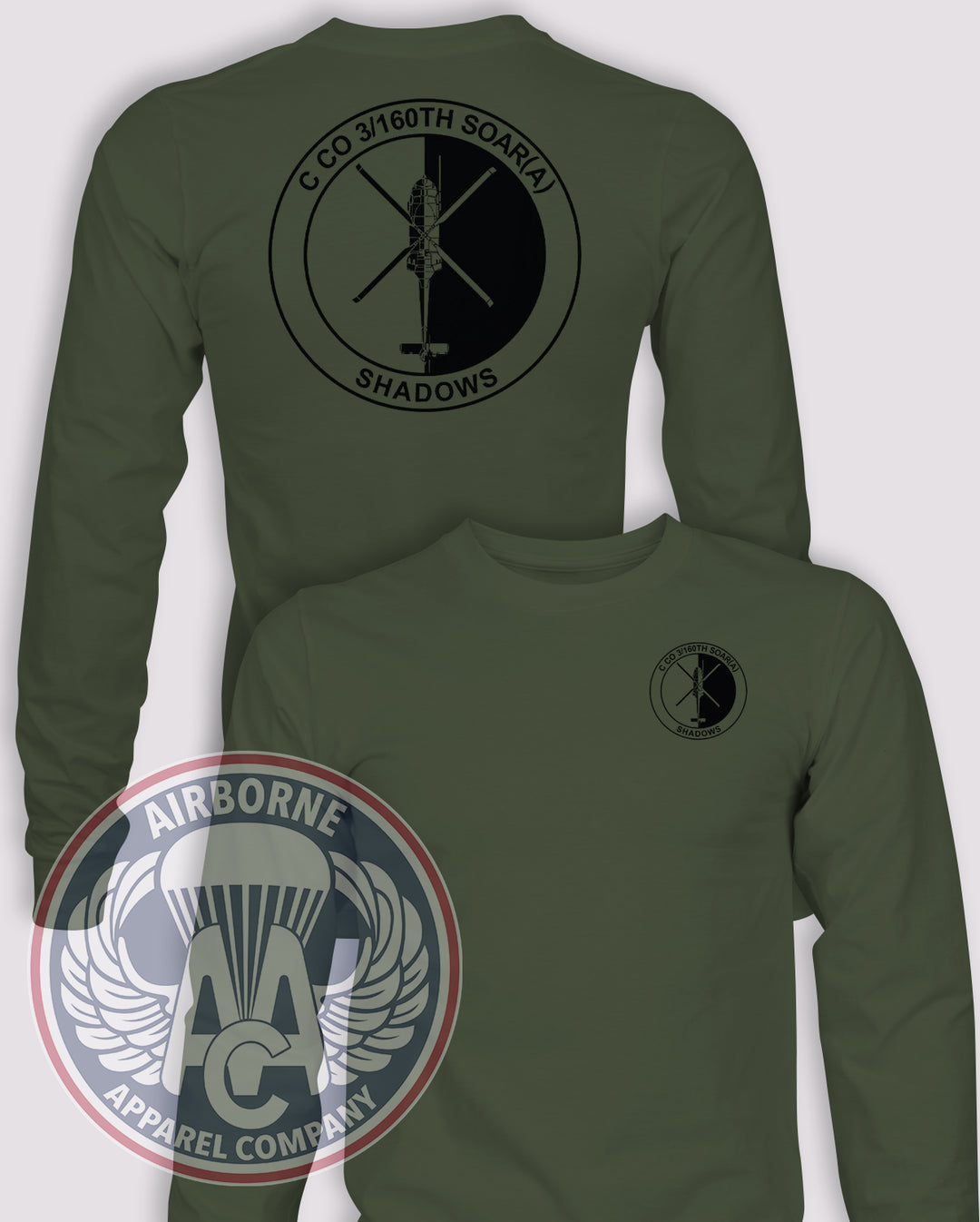 C Co 3/160th SOAR (A) Shadows Long-Sleeve T-Shirt, OD Green, front and back views