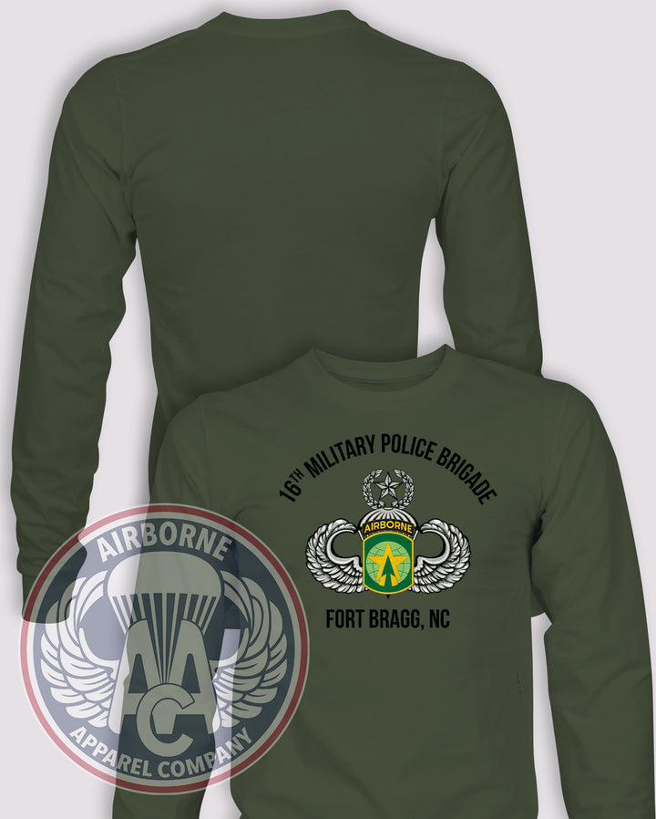 16th Military Police Brigade Reproduction Long-Sleeve T-Shirt, OD Green, front graphic and blank back; unprinted sleeves