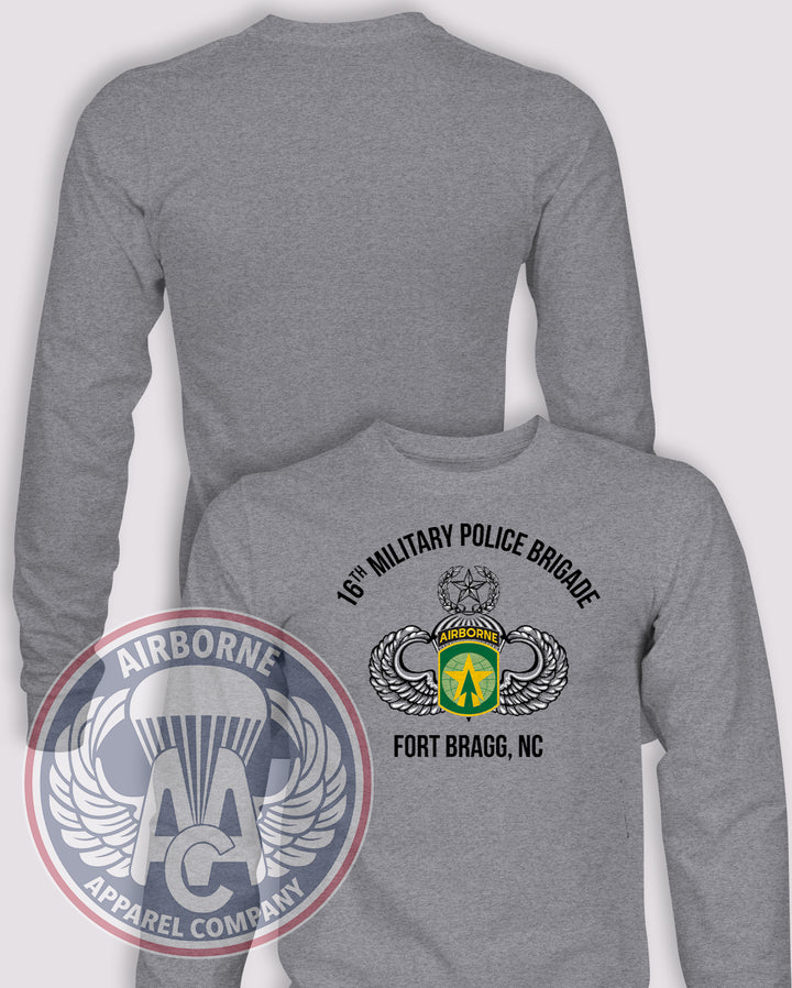 16th Military Police Brigade Reproduction Long-Sleeve T-Shirt, Heather Grey, front graphic and blank back; unprinted sleeves