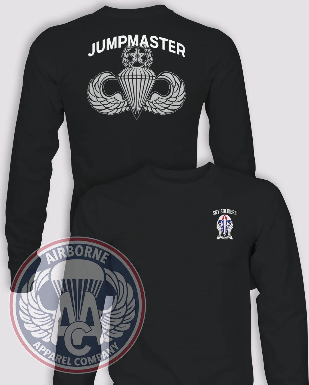 173rd Airborne BDE Jumpmaster Long-Sleeve PT T-Shirt (Official), Black, W/ RANGER TAB, front and back views