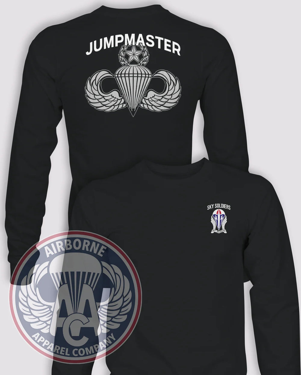 173rd Airborne BDE Jumpmaster Long-Sleeve PT T-Shirt (Official), Black, W/O RANGER TAB, front and back views