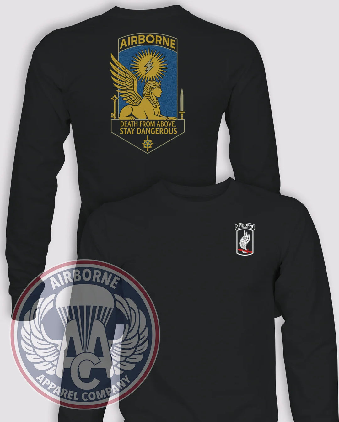 173rd Military Intelligence Company (MICO) Official Long-Sleeve PT T-Shirt, Black, front and back views