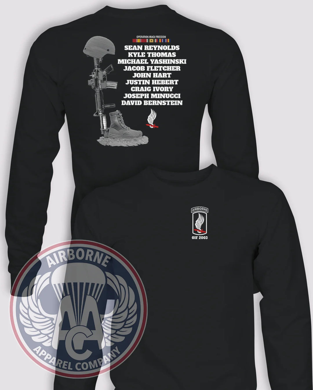 173rd Airborne OIF Fallen Long-Sleeve T-Shirt, Black, front and back views