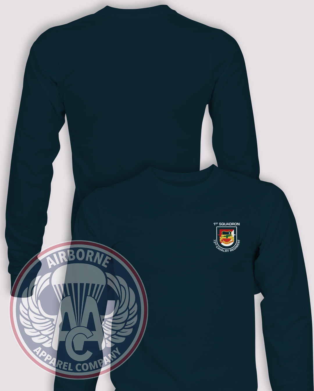 1st Squadron 73rd Cavalry Regiment Crest Long Sleeve T-shirt — Navy — front print, blank back and sleeves