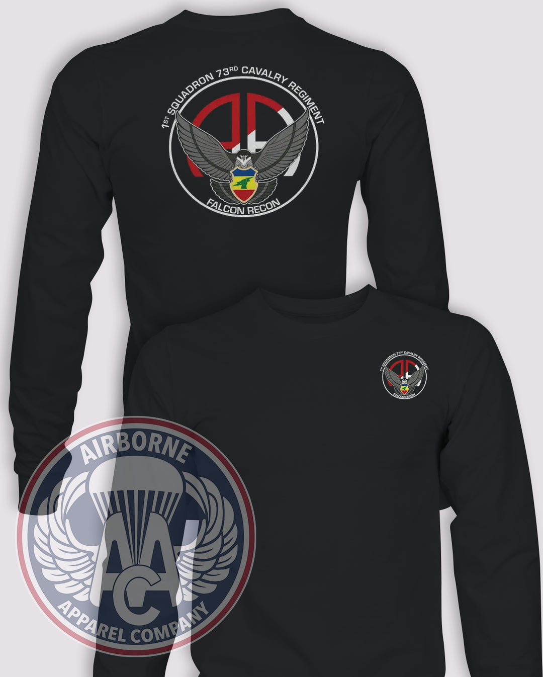 1st Squadron 73rd Cavalry Regiment Searching Always Long-Sleeve T-Shirt, Black, front and back views