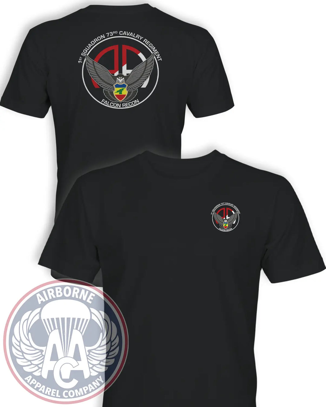 1st Squadron 73rd Cavalry Regiment Searching Always T-shirt in Black, front and back