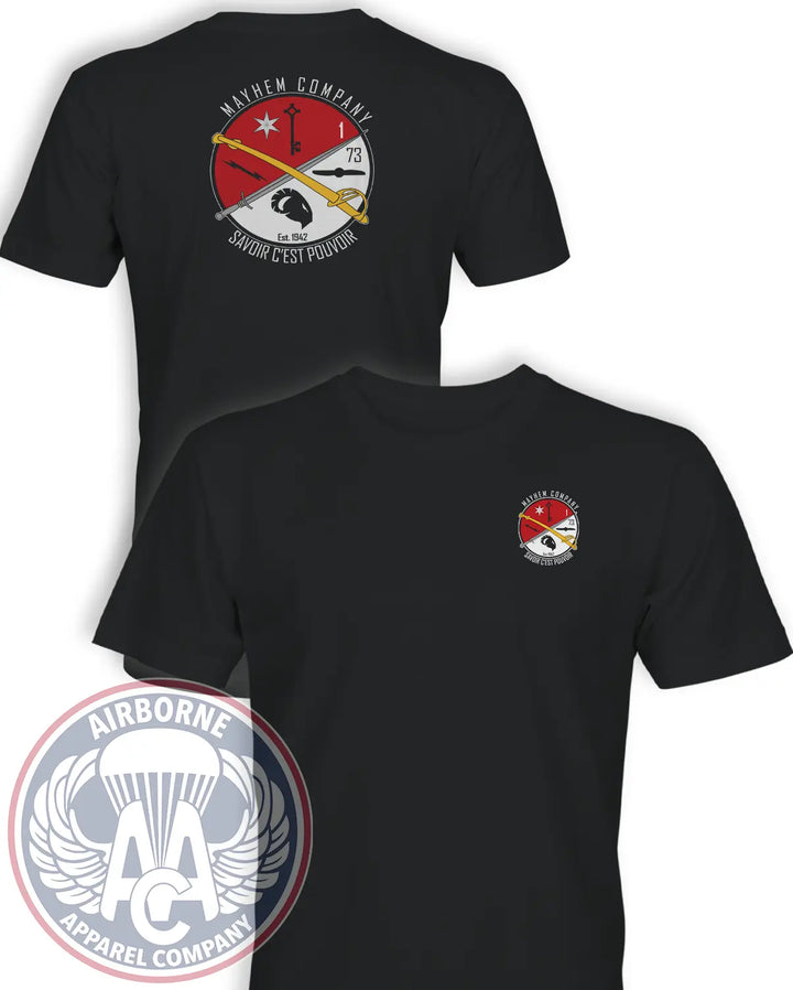 Mayhem Company 1st Squadron 73rd Cavalry Regiment T-shirt in Black, front and back