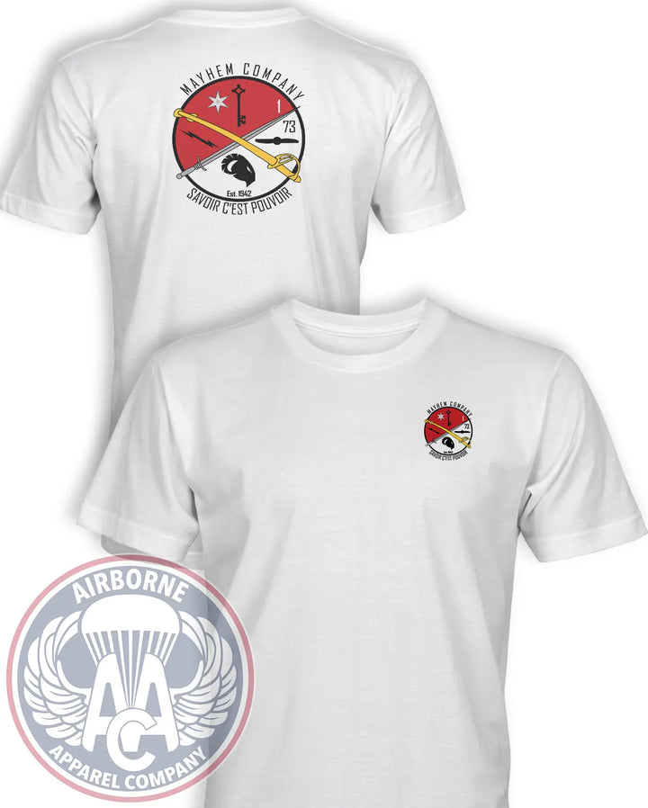 Mayhem Company 1st Squadron 73rd Cavalry Regiment T-shirt in White, front and back