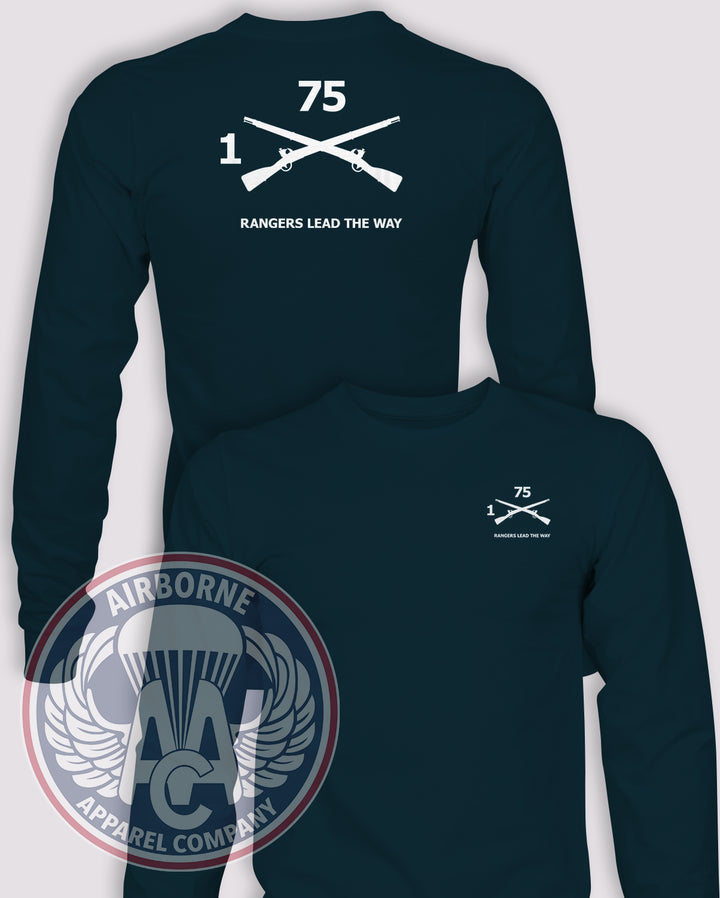 1-75th Infantry Regiment Guidon Long-Sleeve T-Shirt, Navy Blue, 1/75, front and back views