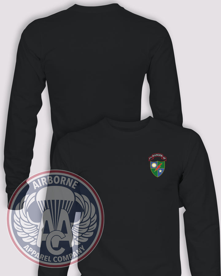 75th Ranger Regiment Scroll &amp; Crest Long Sleeve T-shirt — Black — front print, blank back and sleeves