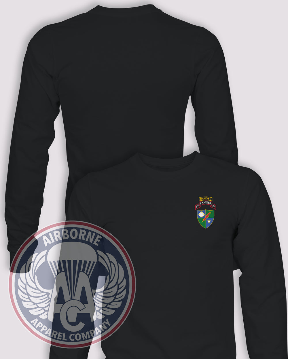 75th Ranger Regiment Ranger Tab, Scroll & Crest Long Sleeve T-shirt — Black — front print, blank back and sleeves