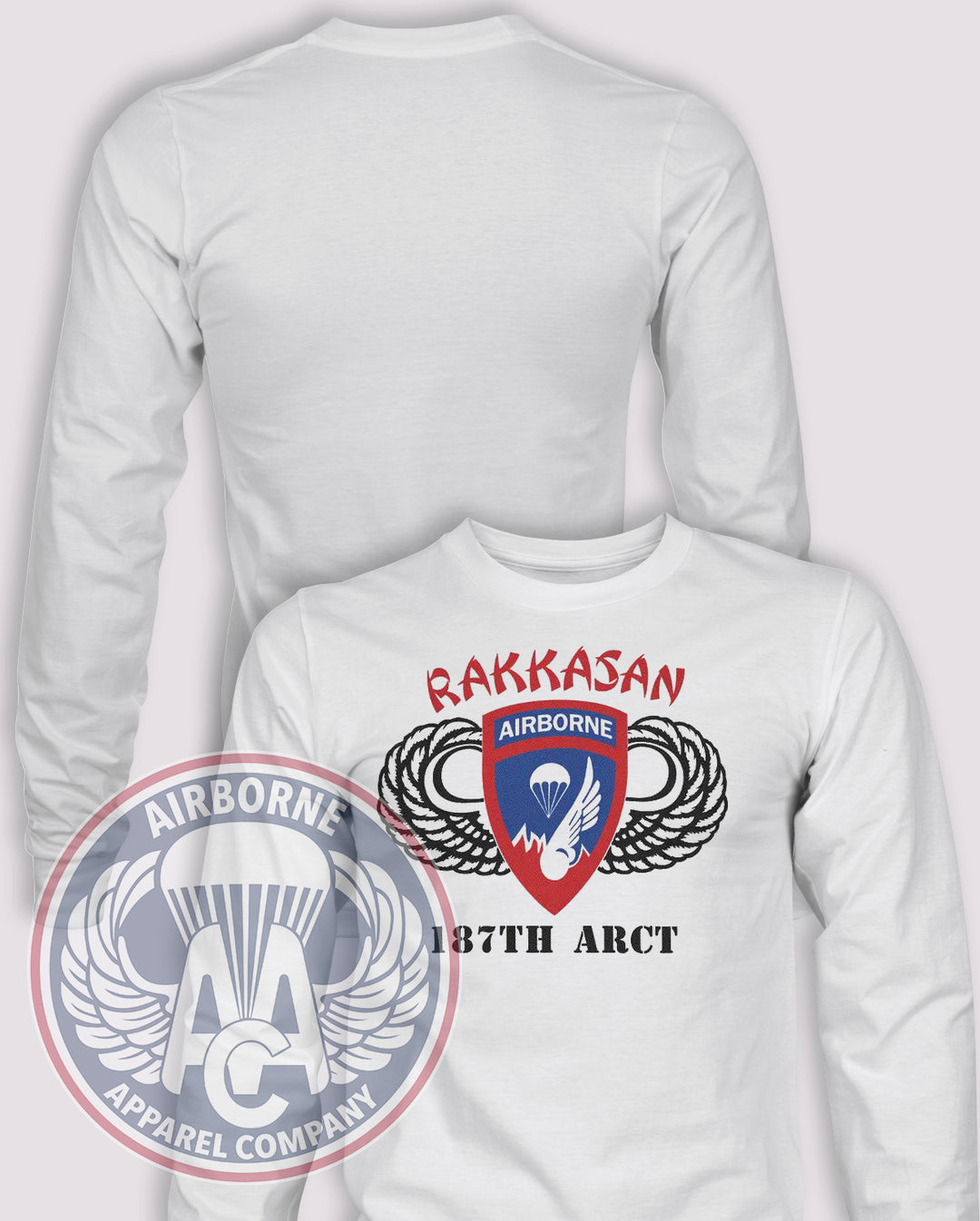 187th Airborne Regimental Combat Team (ARCT) Rakkasan Throwback Long Sleeve T-shirt – White – 187ABCT-001; front print, blank back and sleeves