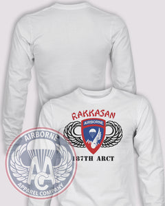 187th Airborne Regimental Combat Team (ARCT) Rakkasan Throwback Long Sleeve T-shirt – White – 187ABCT-001; front print, blank back and sleeves