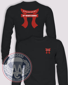 187th Infantry Regiment Rakkasans Long-Sleeve T-Shirt, Black, front and back views