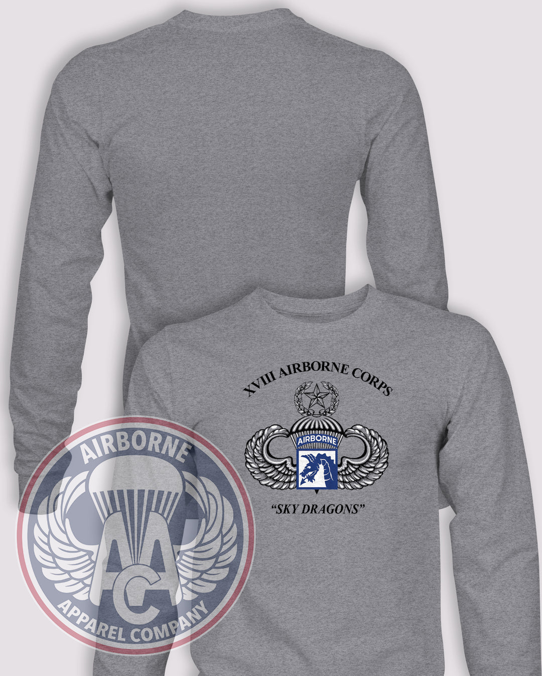 XVIII (18th) Airborne Corps Reproduction Long-Sleeve T-Shirt, Heather Grey, front graphic and blank back; unprinted sleeves