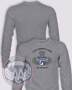 XVIII (18th) Airborne Corps Reproduction Long-Sleeve T-Shirt, Heather Grey, front graphic and blank back; unprinted sleeves