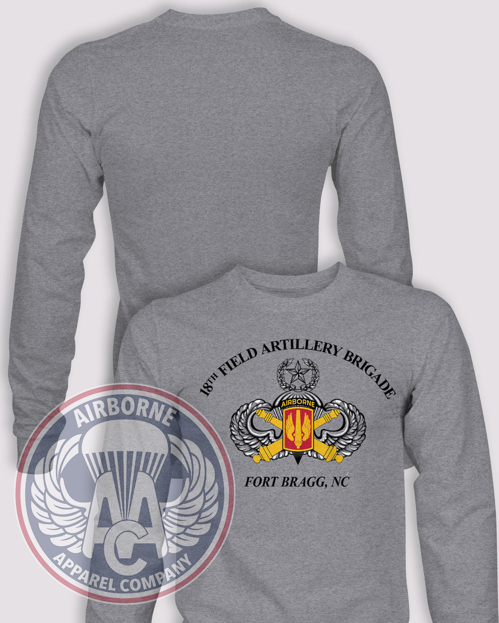 18th Field Artillery Brigade Long Sleeve T-shirt – Heather Grey – 18AFAB-001; front print, blank back and sleeves