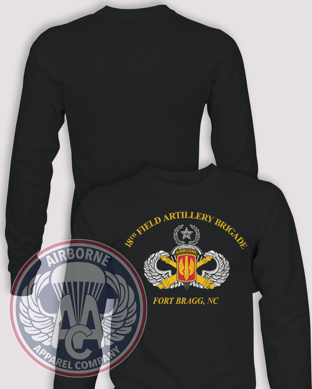 18th Field Artillery Brigade Long Sleeve T-shirt – Black – 18AFAB-001B; front print, blank back and sleeves