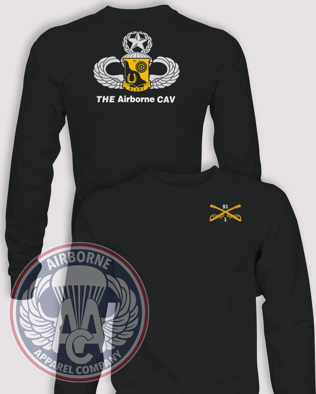 1-91 The Airborne CAV Replica Long-Sleeve T-Shirt, Black, front and back views