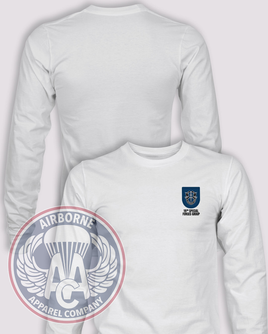 19th Special Forces Group Flash Long Sleeve T-shirt – White – 19SFG-001; front print, blank back and sleeves