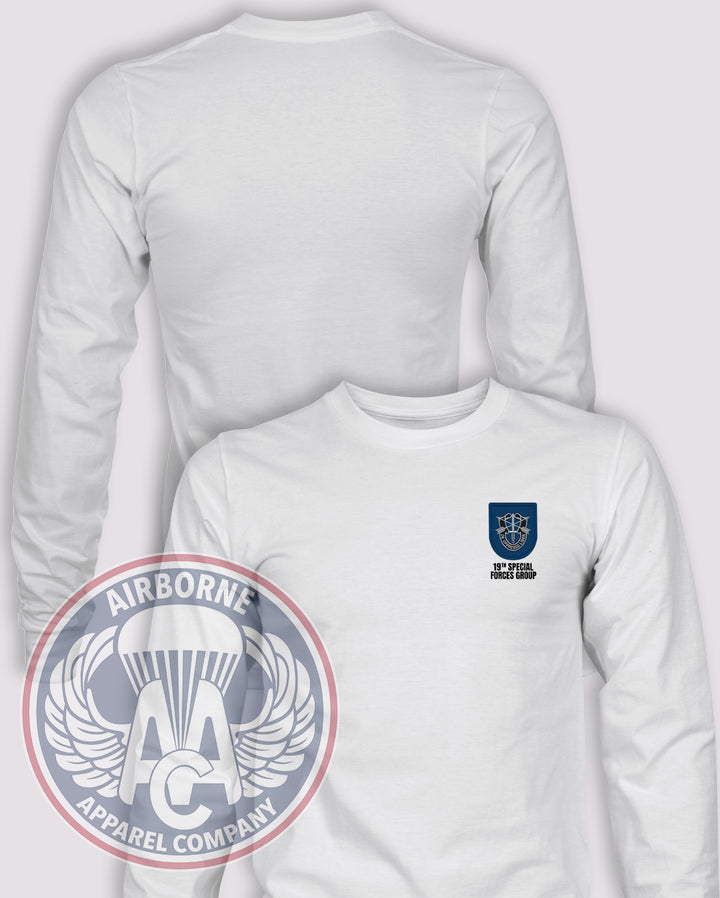 19th Special Forces Group Flash Long Sleeve T-shirt – White – 19SFG-001; front print, blank back and sleeves