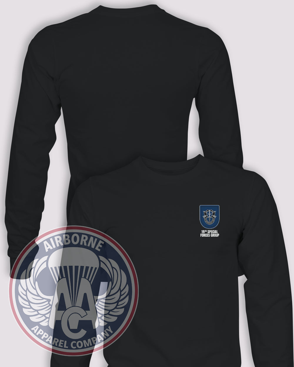 19th Special Forces Group Flash Long Sleeve T-shirt – Black – 19SFG-001B; front print, blank back and sleeves
