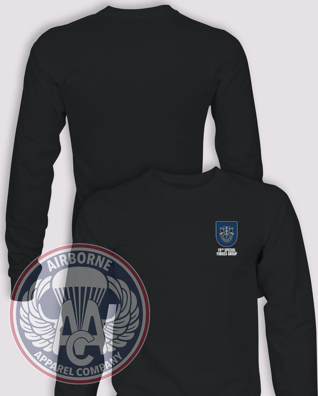 19th Special Forces Group Flash Long Sleeve T-shirt – Black – 19SFG-001B; front print, blank back and sleeves