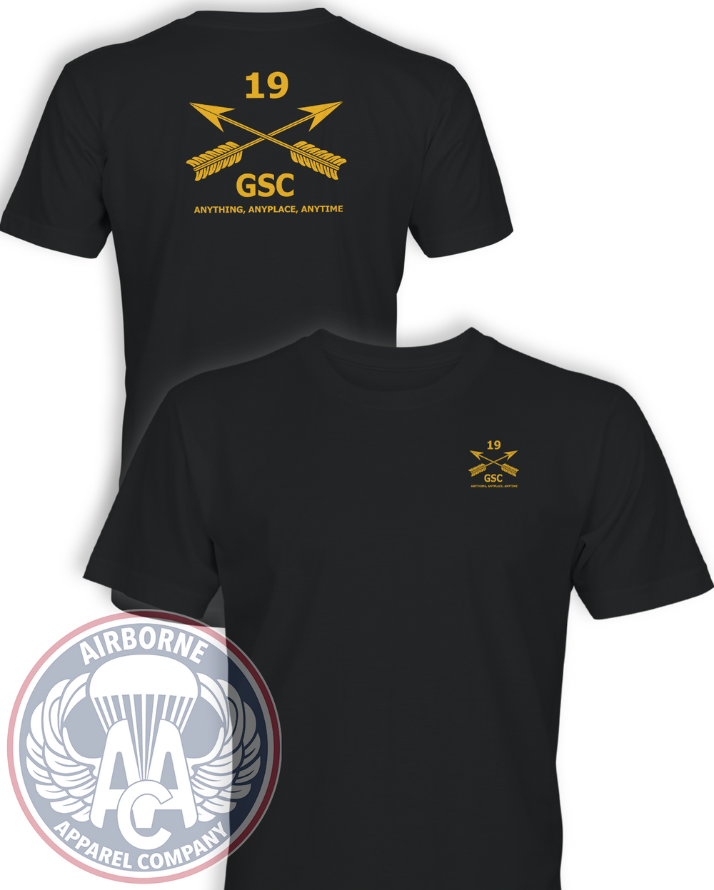 19th Special Forces Group Airborne Group Support Company guidon T-shirt in Black, front and back