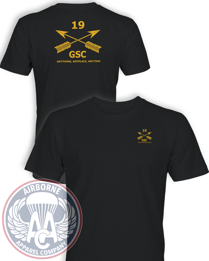 19th Special Forces Group Airborne Group Support Company guidon T-shirt in Black, front and back
