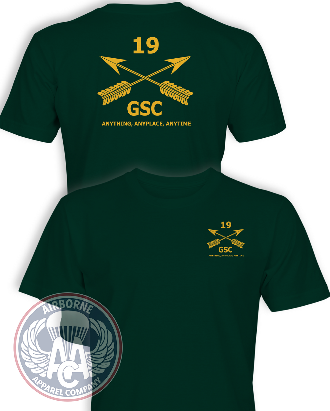 19th Special Forces Group Airborne Group Support Company guidon T-shirt in Forest Green, front and back
