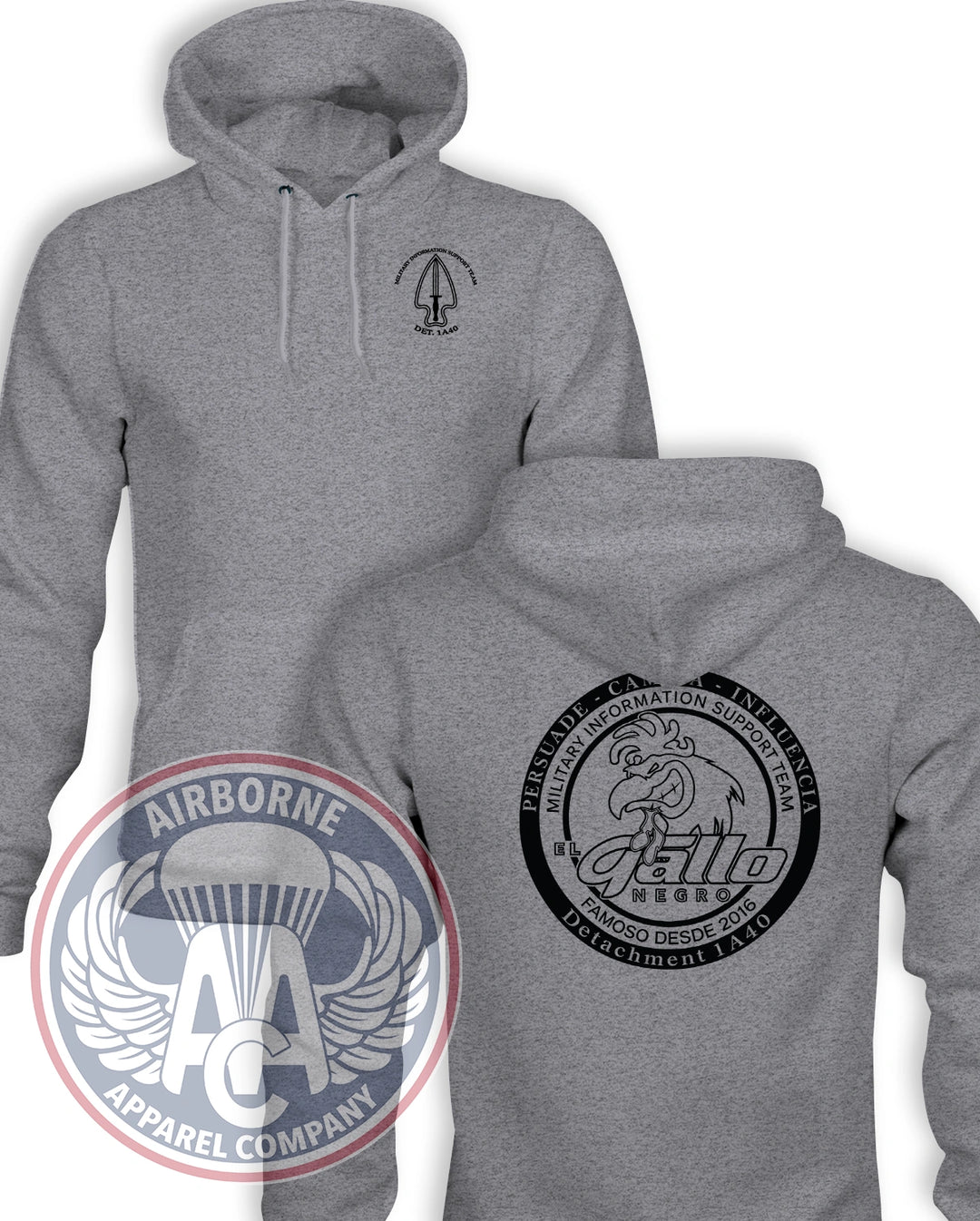 1st PSYOP Battalion A co Detachment 1A40 Reproduction Champion Powerblend hoodie in Heather Gray, front and back views