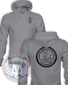 1st PSYOP Battalion A co Detachment 1A40 Reproduction Champion Powerblend hoodie in Heather Gray, front and back views