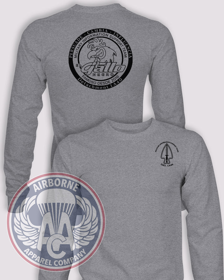 1st PSYOP Battalion A co Detachment 1A40 Long-Sleeve T-Shirt Reproduction, Heather Grey, front and back views