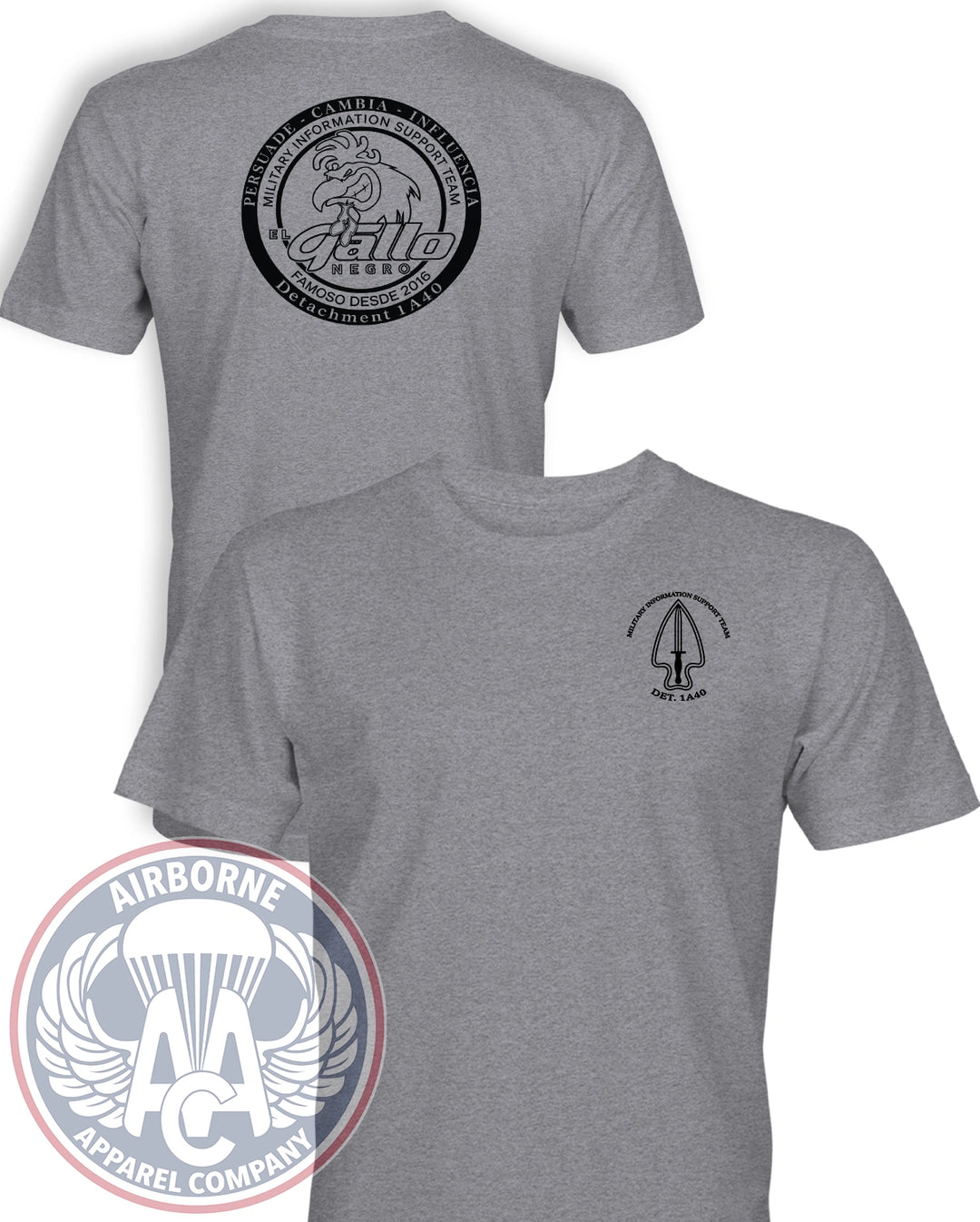 1st PSYOP Battalion A co Detachment 1A40 Reproduction T-shirt in Heather Gray, front and back views
