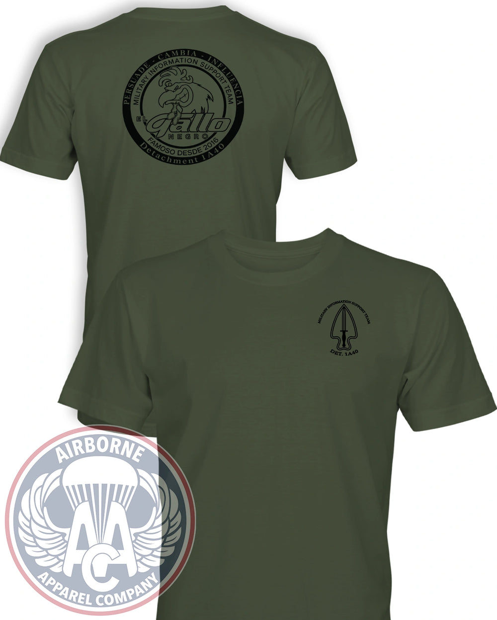 1st PSYOP Battalion A co Detachment 1A40 Reproduction T-shirt in Olive Drab, front and back views