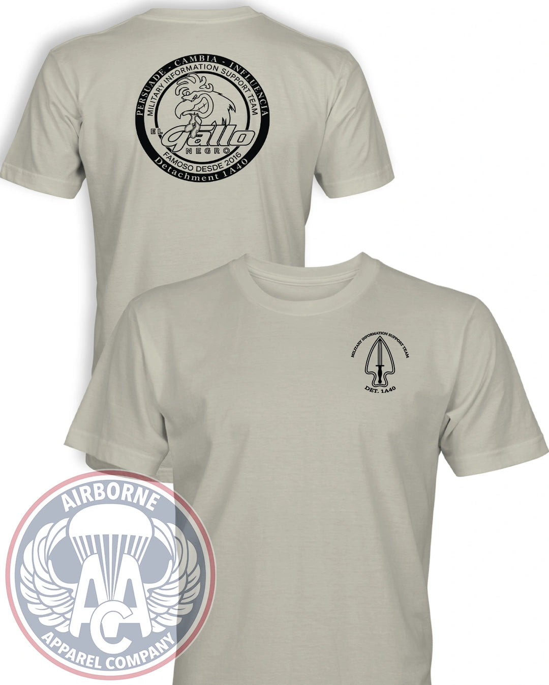 1st PSYOP Battalion A co Detachment 1A40 Reproduction T-shirt in Sand, front and back views
