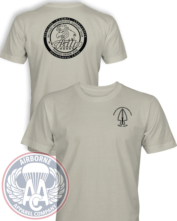 1st PSYOP Battalion A co Detachment 1A40 Reproduction T-shirt in Sand, front and back views