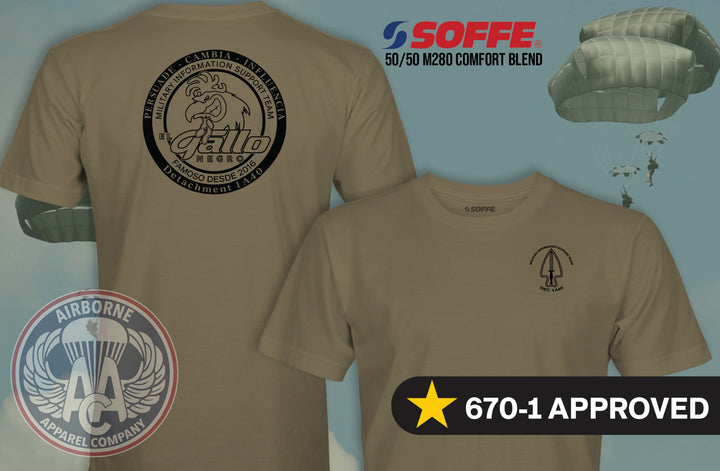 1st PSYOP Battalion A co Detachment 1A40 Reproduction Soffee military T-shirt in Tan 499, front and back views