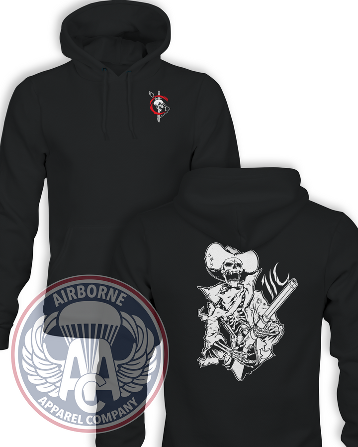 1st PSYOP Battalion Charlie Company Reproduction Champion Powerblend hoodie in Black, front and back views