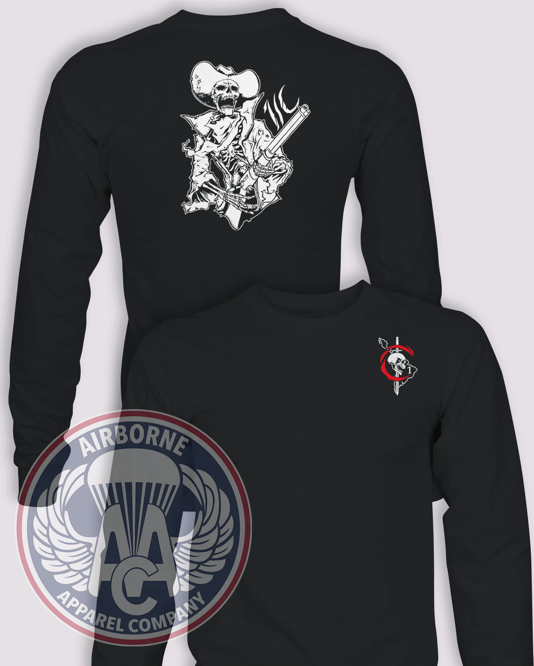 1st PSYOP Battalion Charlie Company Long-Sleeve T-Shirt Reproduction, Black, front and back views