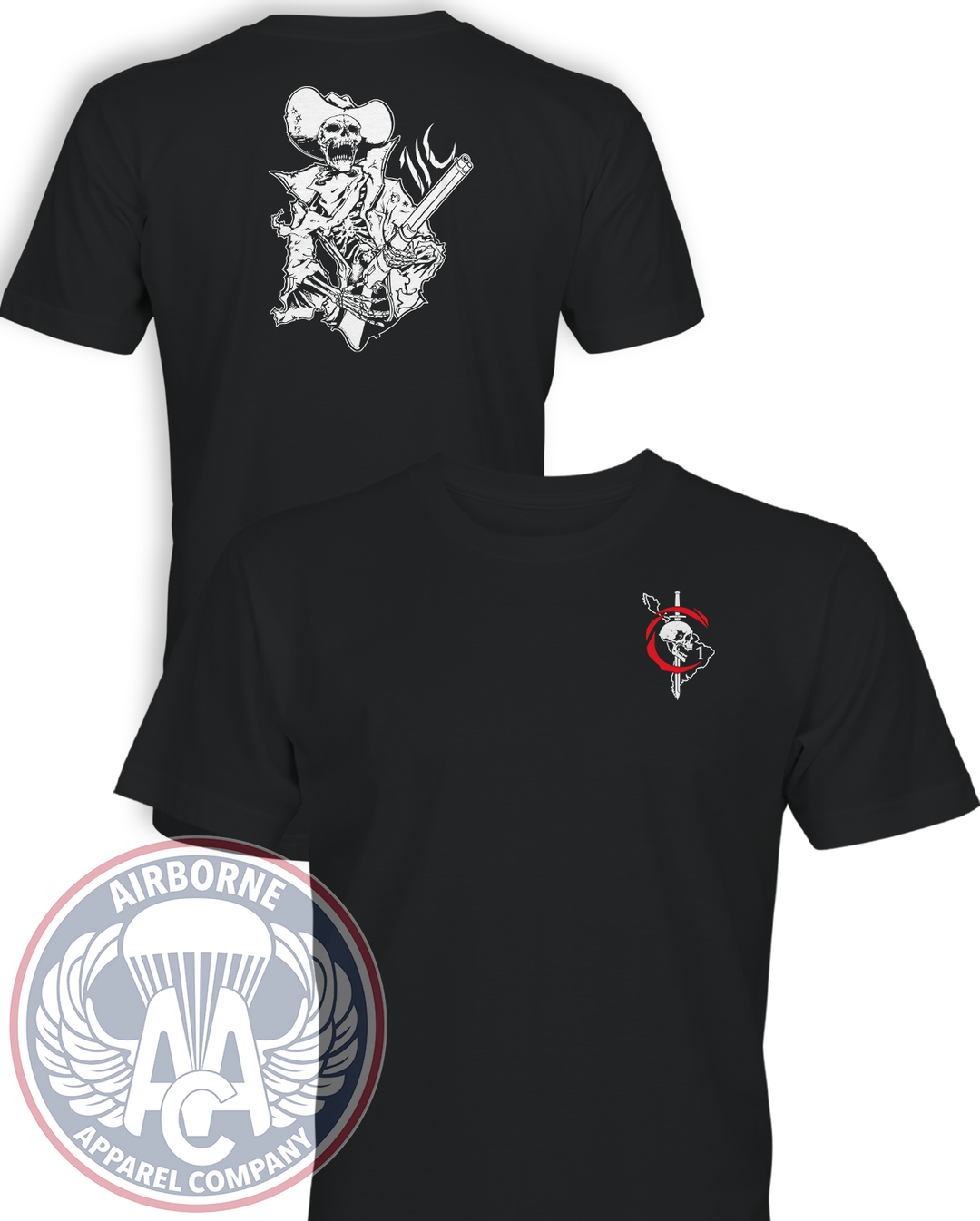 1st PSYOP Battalion Charlie Company Reproduction T-shirt in Black, front and back views