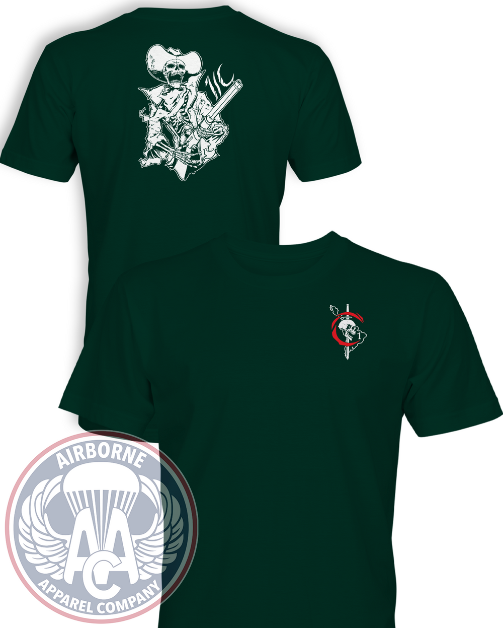 1st PSYOP Battalion Charlie Company Reproduction T-shirt in Forest Green, front and back views