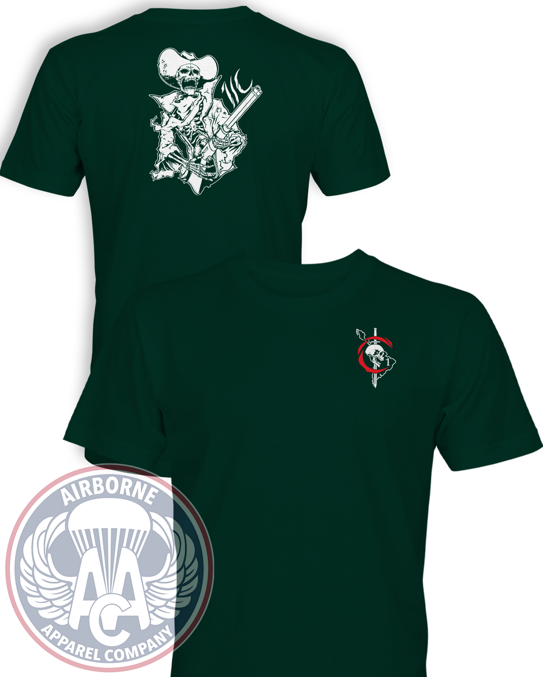 1st PSYOP Battalion Charlie Company Reproduction T-shirt in Forest Green, front and back views