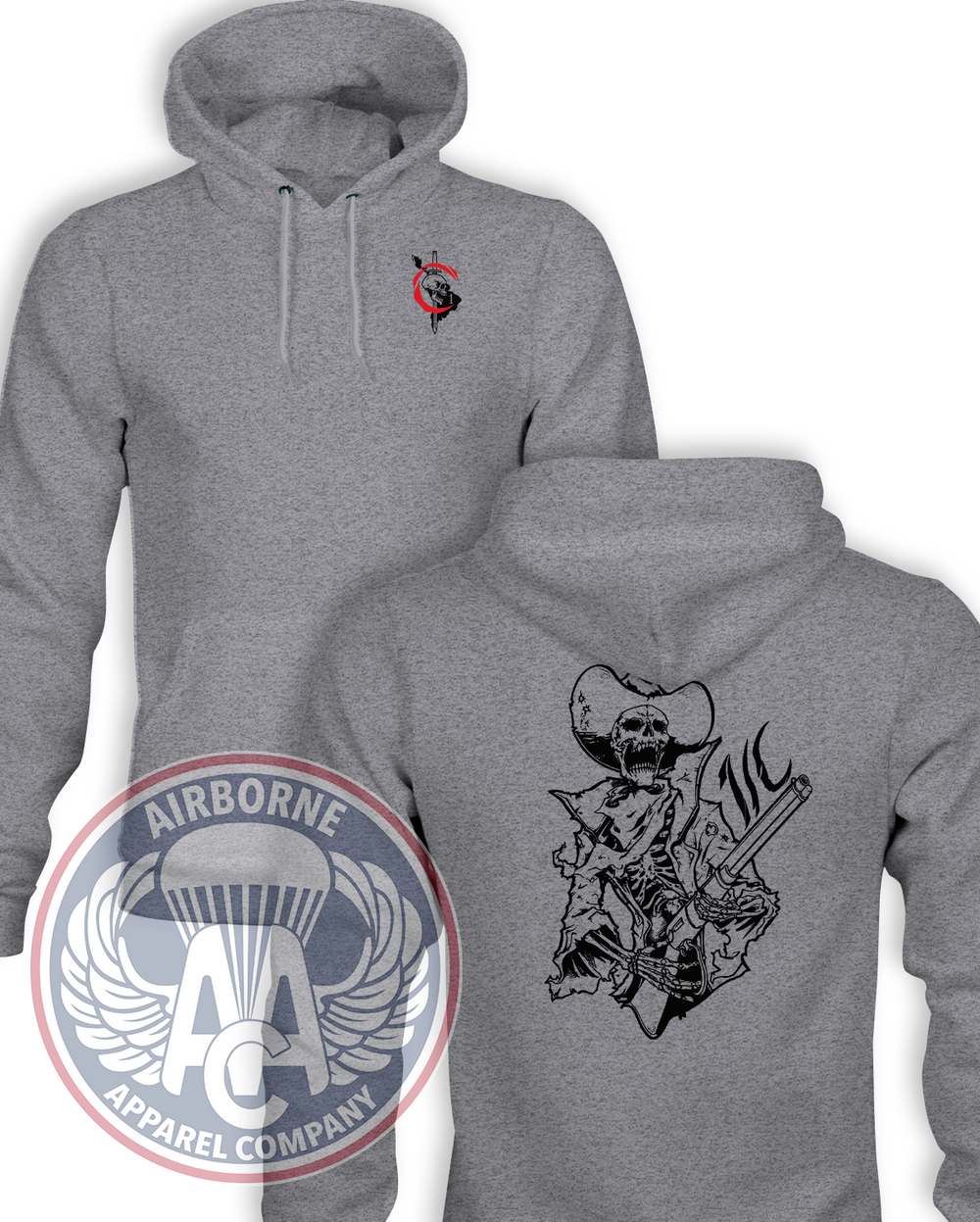 1st PSYOP Battalion Charlie Company Reproduction Champion Powerblend hoodie in Heather Gray, front and back views